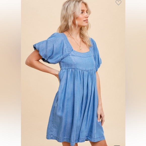 🆕Denim Blue Dress Babydoll Puff Sleeve Soft Tencel - Picture 2 of 6